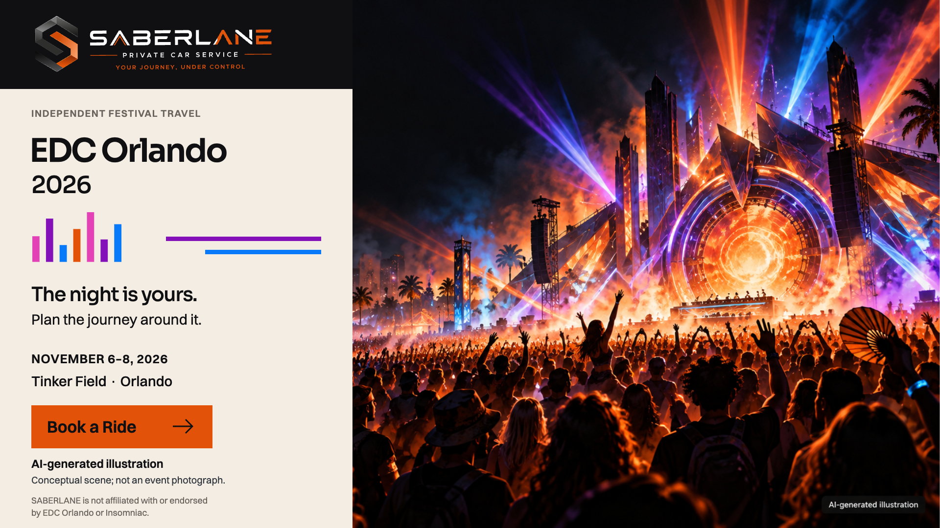 AI-generated illustration of a crowded outdoor Orlando-inspired music festival at night, with colorful stage lights and palm silhouettes.