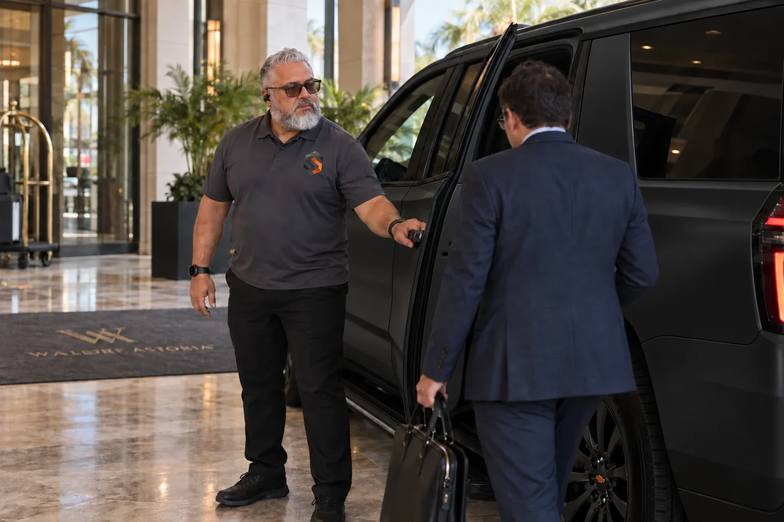 Miguel holds the matte-black Signature Premier’s door open while welcoming a guest outside the hotel