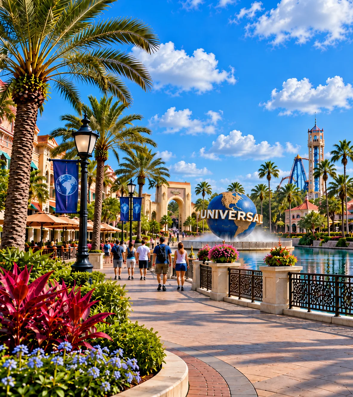 Universal globe beside a sunny waterfront promenade with palm trees and visitors