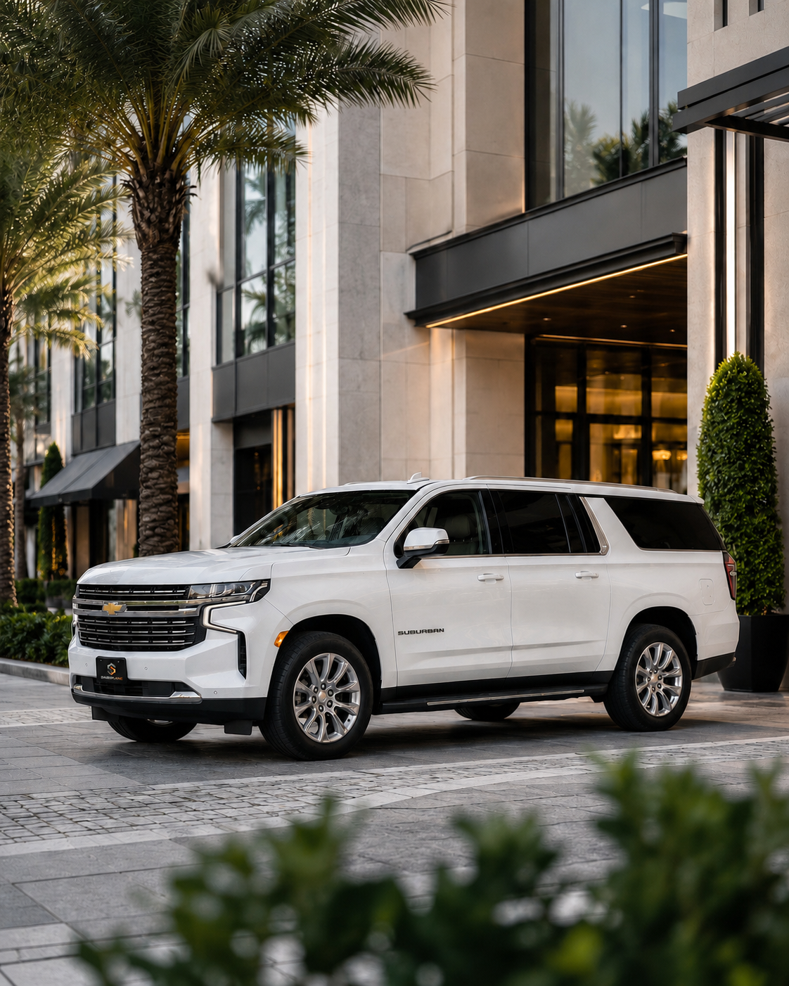 White Chevrolet Suburban downtown for executive transportation